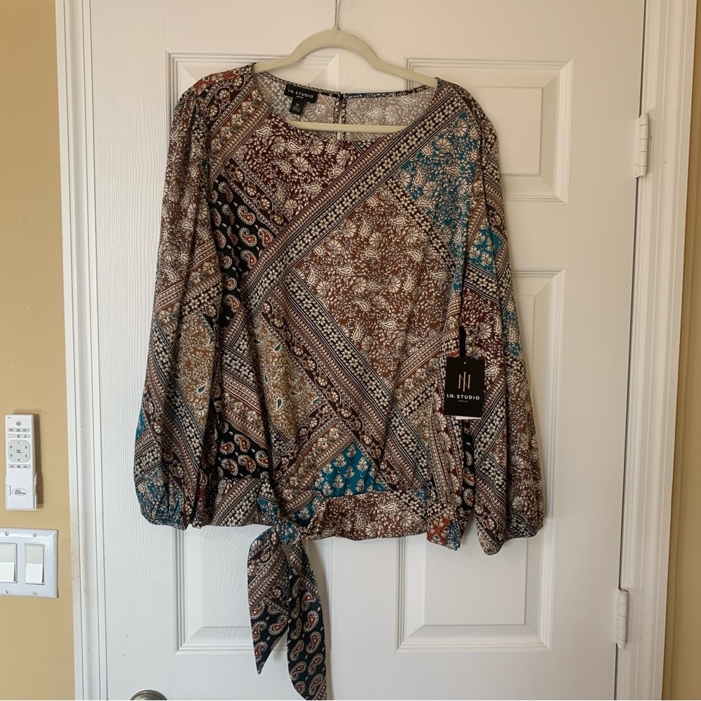 I.N. Studio Multicolor Long Sleeve Patterned Blouse‎ with Tie Boho Casual Chic